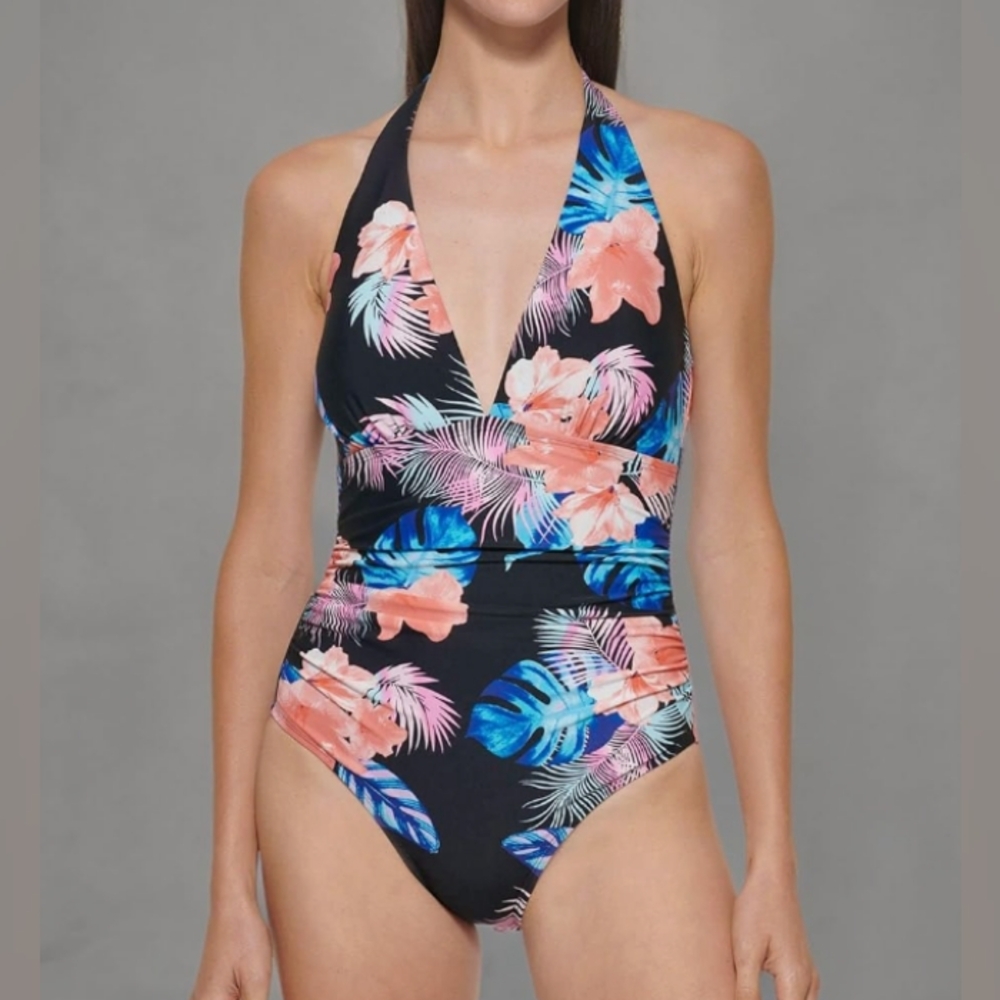 NWT DKNY women's one piece halter swimsuit, tummy control, SPF, small